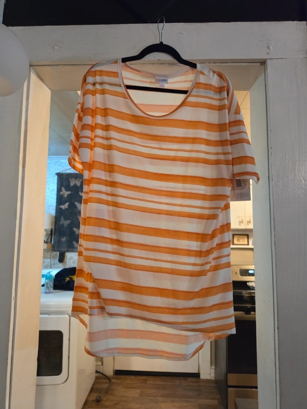 LuLaRoe Irma Orange and White Striped Tunic Top